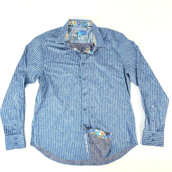 Robert Graham Brinklow Classic FitShirt Blue Striped Hawaiian Men’s Size Large